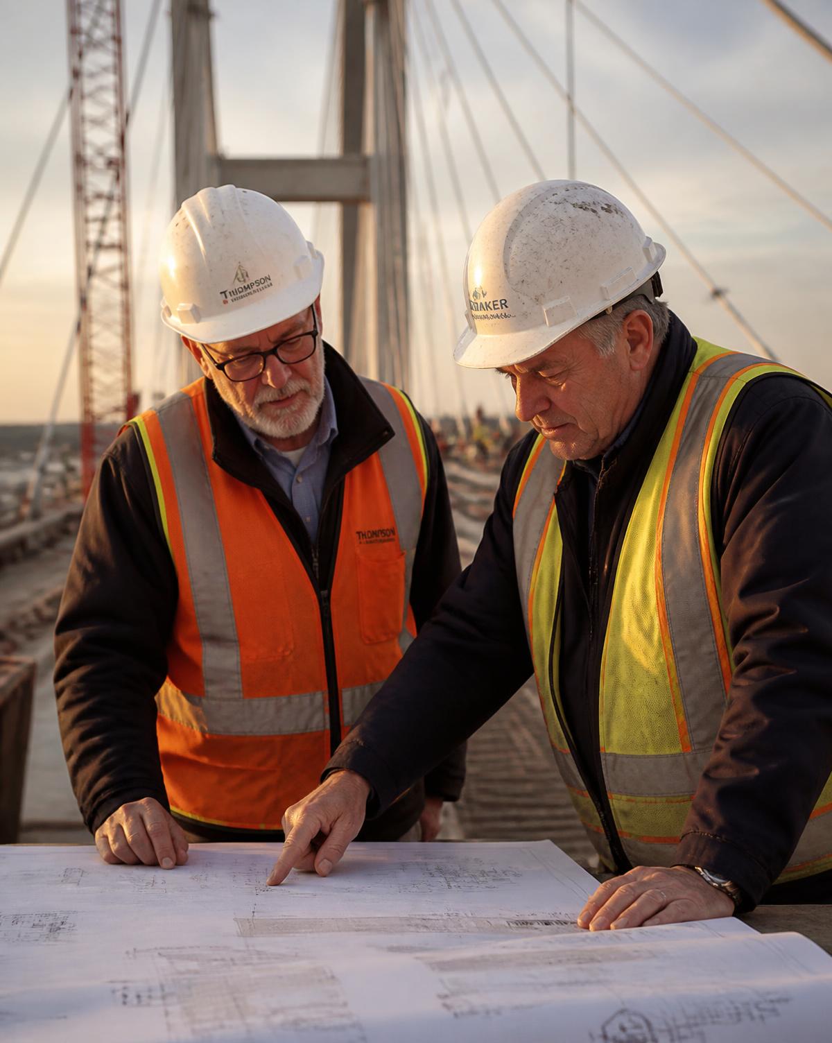 Two senior engineers reviewing drawings on a bridge deck at dusk