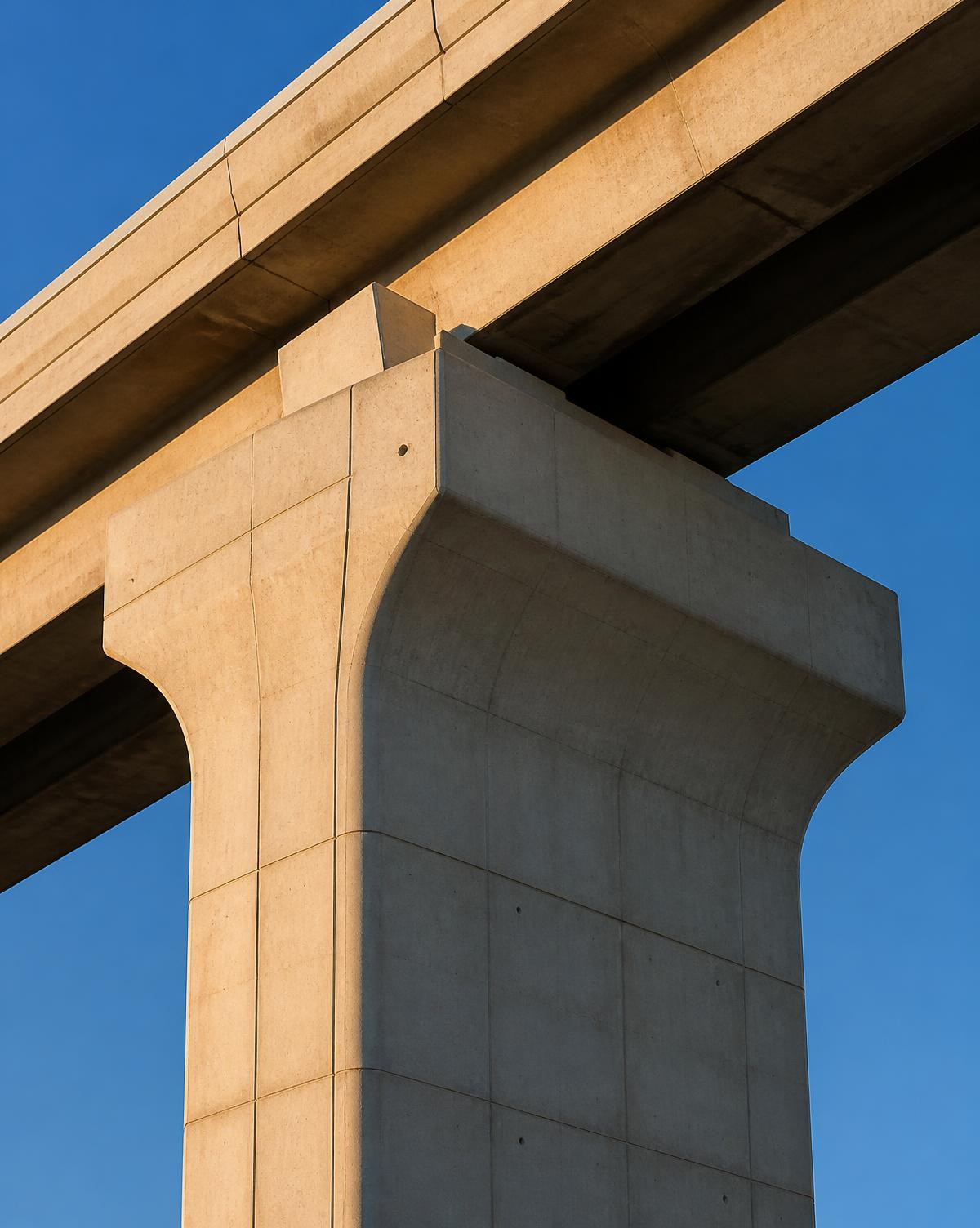 Concrete bridge pier and girder detail in low sunlight
