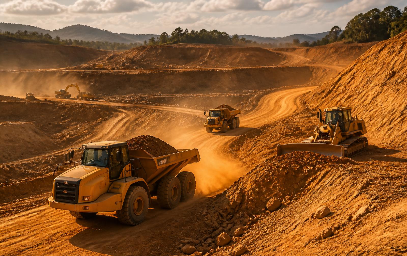 Haul trucks and dozers moving earth on a large civil site at dusk