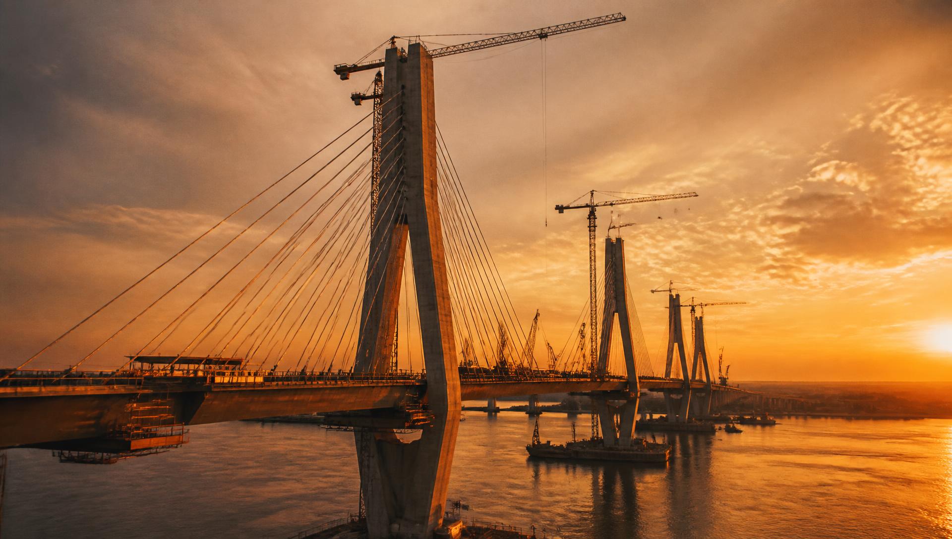 Cable-stayed bridge under construction over a river at golden dusk