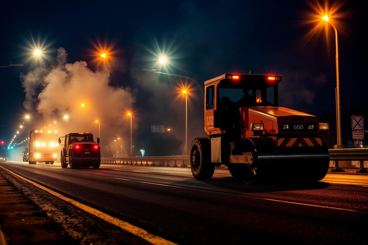 Night paving operation under work lights