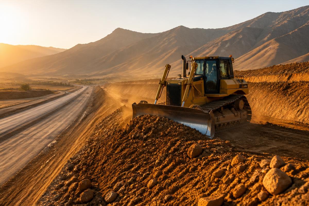 Dozer shaping a highway embankment at golden hour